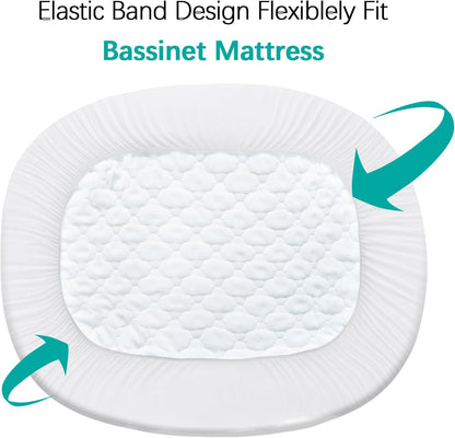Bassinet Mattress Pad Cover Waterproof, Quilted Mattress Protector Sheets Fits All Mainstream Bassinet - Rectangle, Oval, Hourglass, 2 Pack, 17'' x 33'', Ultra Soft Breathable, White and Grey