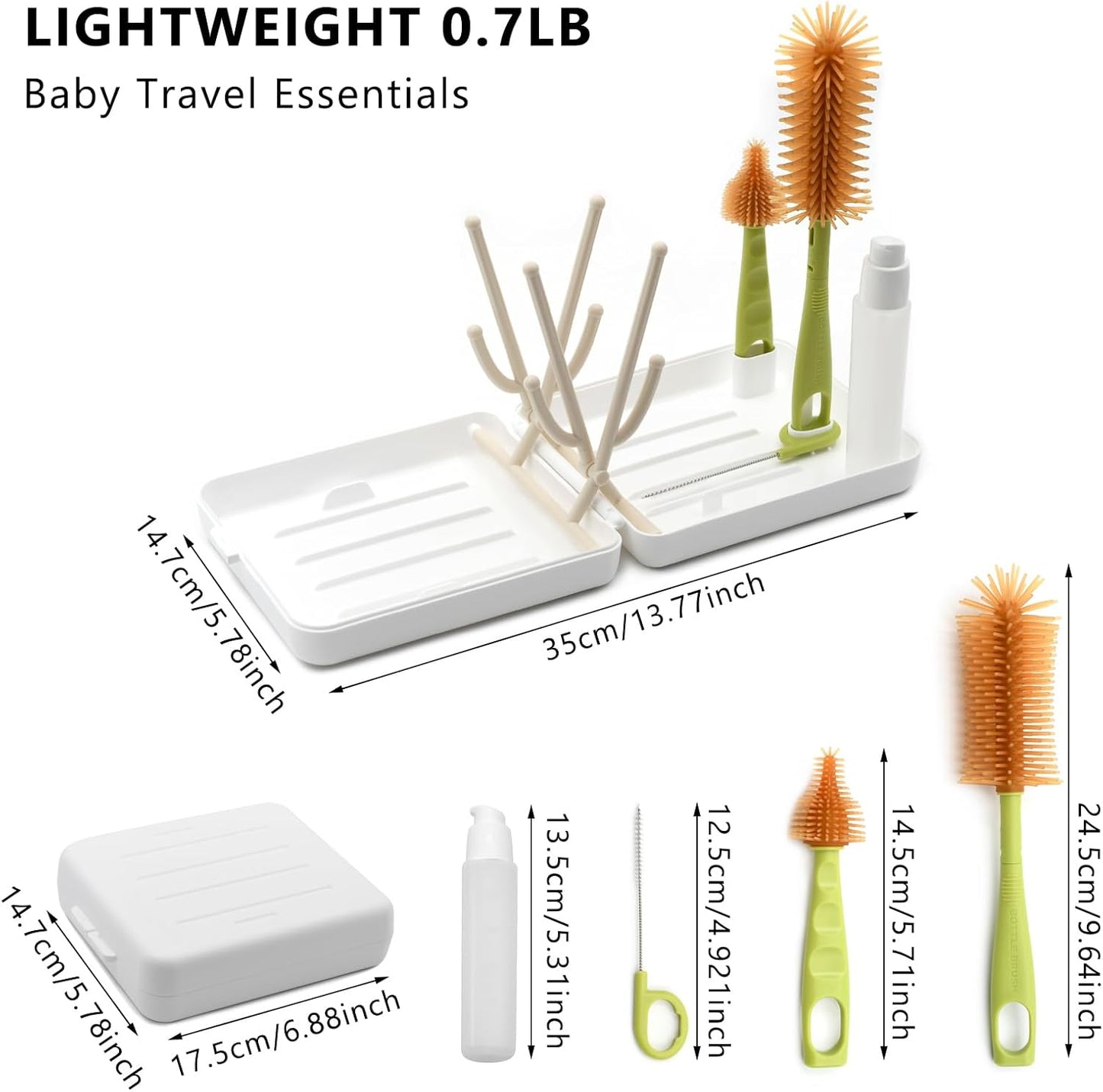 Portable Baby Bottle Brush Kit Premium Silicone Bottle Cleaner Brush, Nipple Brush, Straw Brush, Soap Dispenser, Bottle Drying Rack, and a Storage Organizer Case for Both Home and Travel Uses (White)