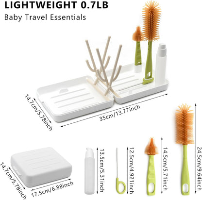 Portable Baby Bottle Brush Kit Premium Silicone Bottle Cleaner Brush, Nipple Brush, Straw Brush, Soap Dispenser, Bottle Drying Rack, and a Storage Organizer Case for Both Home and Travel Uses (White)