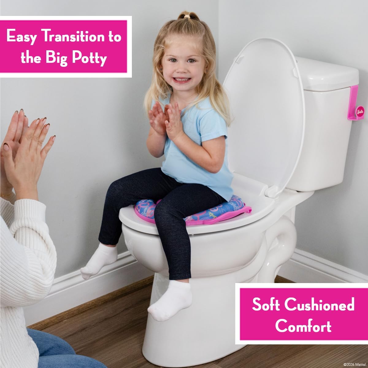Barbie™ Soft Potty Training Seat for Toilet with Storage Hook, Cushioned Non-Slip Potty Ring with Splash Guard, Built-in Handles for Toddlers, Pink & Blue Barbie Theme