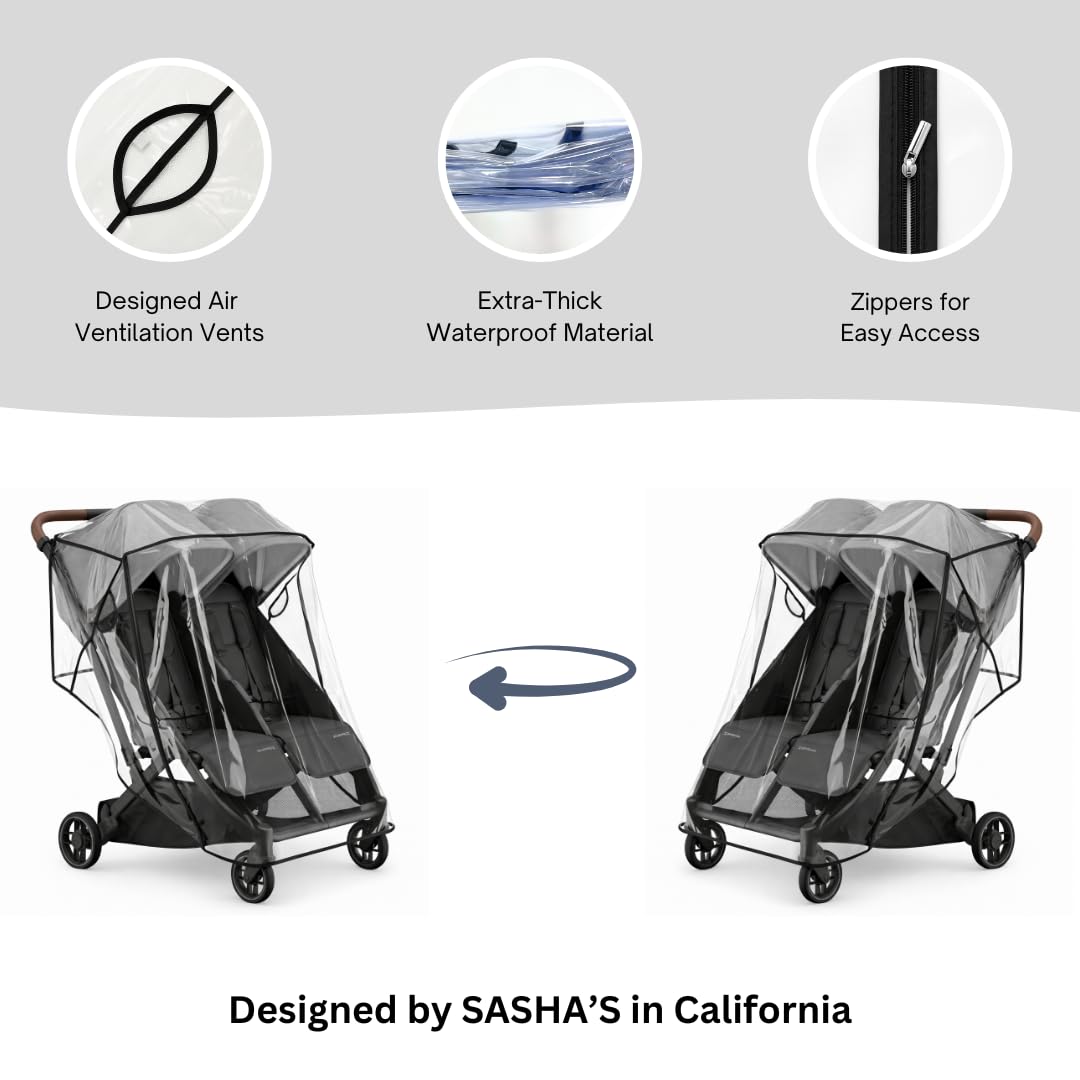 Rain Cover for UPPAbaby Minu Duo by SASHA'S - Ventilation Holes, Zipper Access, Weather Shield, Wind Cover (Stroller Not Included)