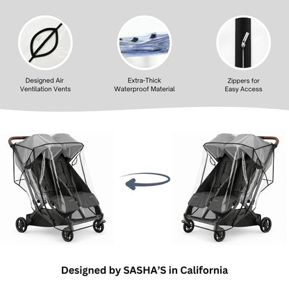 Rain Cover for UPPAbaby Minu Duo by SASHA'S - Ventilation Holes, Zipper Access, Weather Shield, Wind Cover (Stroller Not Included)