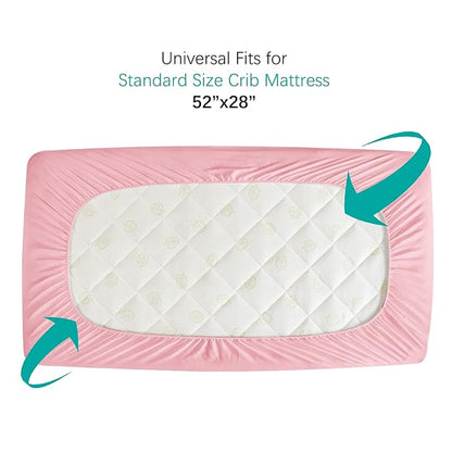 Biloban Crib Mattress Protector 2 Pack, Waterproof, Quilted, Absorbent, Noiseless, 52" x 28" Pink
