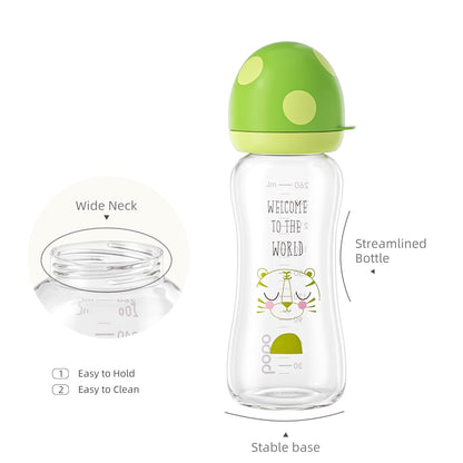 YOHKOH Natural Glass Baby Bottle with Level 1 Slow Flow Nipple, Newborn Anti-Colic Baby Bottles, Wide Neck Mushroom Baby Glass Bottle (Multicolour-A, 3.4oz (Pack of 4))