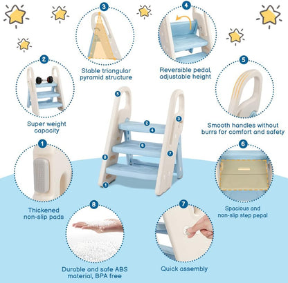 Onasti Foldable Toddler Step Stool for Bathroom Sink, Adjustable 3 Step Stool for Kids Toilet Potty Training Stool with Handles, Child Kitchen Counter Stool Helper, Plastic Ladder for Toddlers Pink