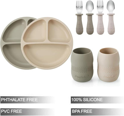 PandaEar Silicone Baby Feeding Set| 2 Pack Silicone Divided Suction Plate and 2 Pack Tiny Cup with 2 Spoons 2 Forks| Baby Led Weaning Supplies Self Feeding Eating Utensils (Light Tan/Walnut)