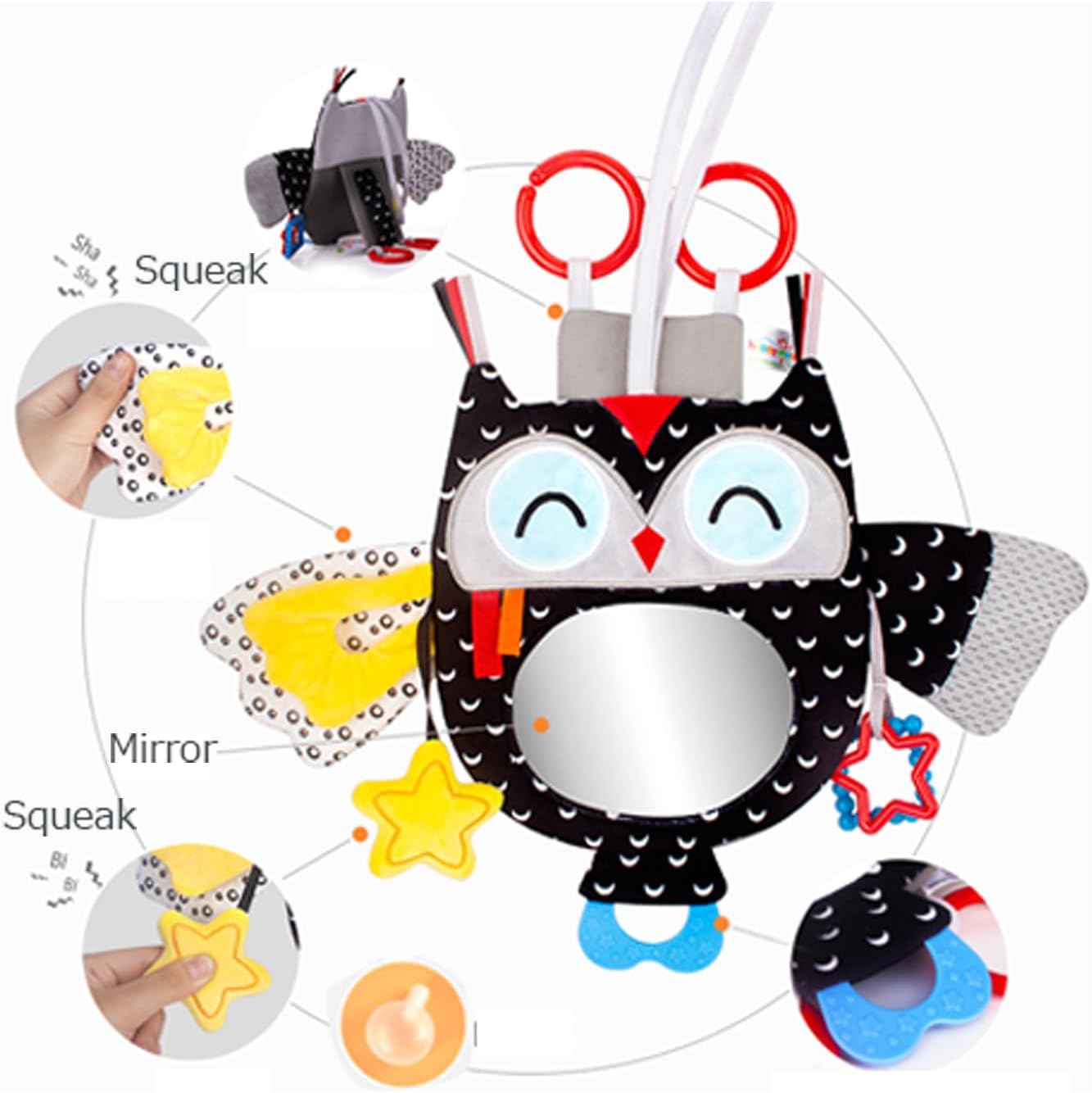 Caterbee Baby Black and White Toy with in-Sight Car Mirror for Hanging car seat, Stroller, Crib, High Contrast Baby Toys for Neborn Tummy time (White&Black)