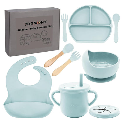 100% Silicone Baby Feeding Set, BPA Free Baby Dishes with Suction Bowl, Divided Plate, Toddler Self Feeding Dish Set with Spoons, Forks, Sippy Cup and Bib, Baby Eating Utensils (Navy Blue)
