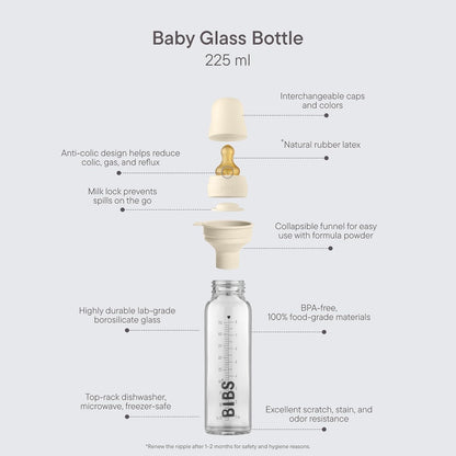 BIBS Baby Glass Bottle. Anti-Colic. Round Natural Rubber Latex Nipple. Supports Natural Breastfeeding, Complete Set - 110 ml, Cloud