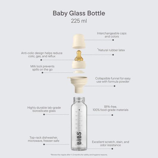 BIBS Baby Glass Bottle. Anti-Colic. Round Natural Rubber Latex Nipple. Supports Natural Breastfeeding, Complete Set - 110 ml, Cloud