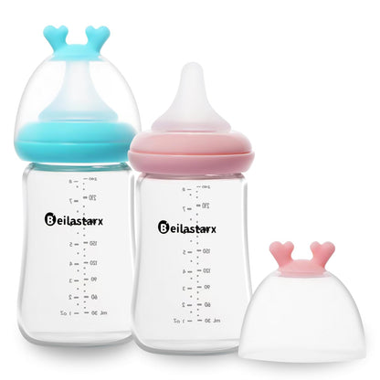 Glass Baby Bottles with Natural Response Nipple Size SS - Anti Colic Baby Bottles Wide Neck Slow Flow Baby Bottle (Multicolor, 4oz (Pack of 2))