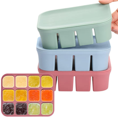 Mimorou 3 Pack Baby Food Freezer Tray with Lids 2.8 oz x 12 Cups Silicone Baby Food Storage Container Ice Cube Freezer Molds for Homemade Vegetable Fruit Purees Snack(12 Cups,White, Yellow, Brown)