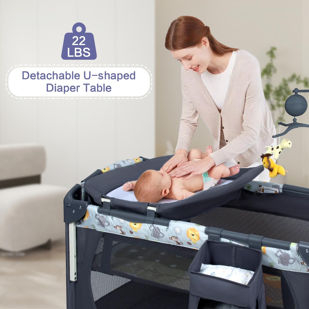 SIMPLGIRL 5-in-1 Baby Bassinet Bedside Crib, Pack and Play Long Next to Parents Bed Crib, Foldable Playard, Playpen Travel Bed Nursery Center for Girl Boy Infant Newborn