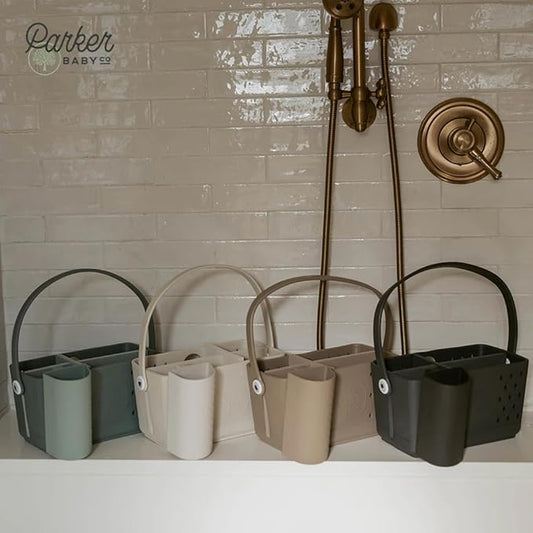 Parker Baby Bath Caddy | BPA Free & Food Grade Shower Caddy Organizer for Toys & Supplies | Quick-Dry, Sturdy & Perfect Size Shower Basket w/Handle in Neutral Colors