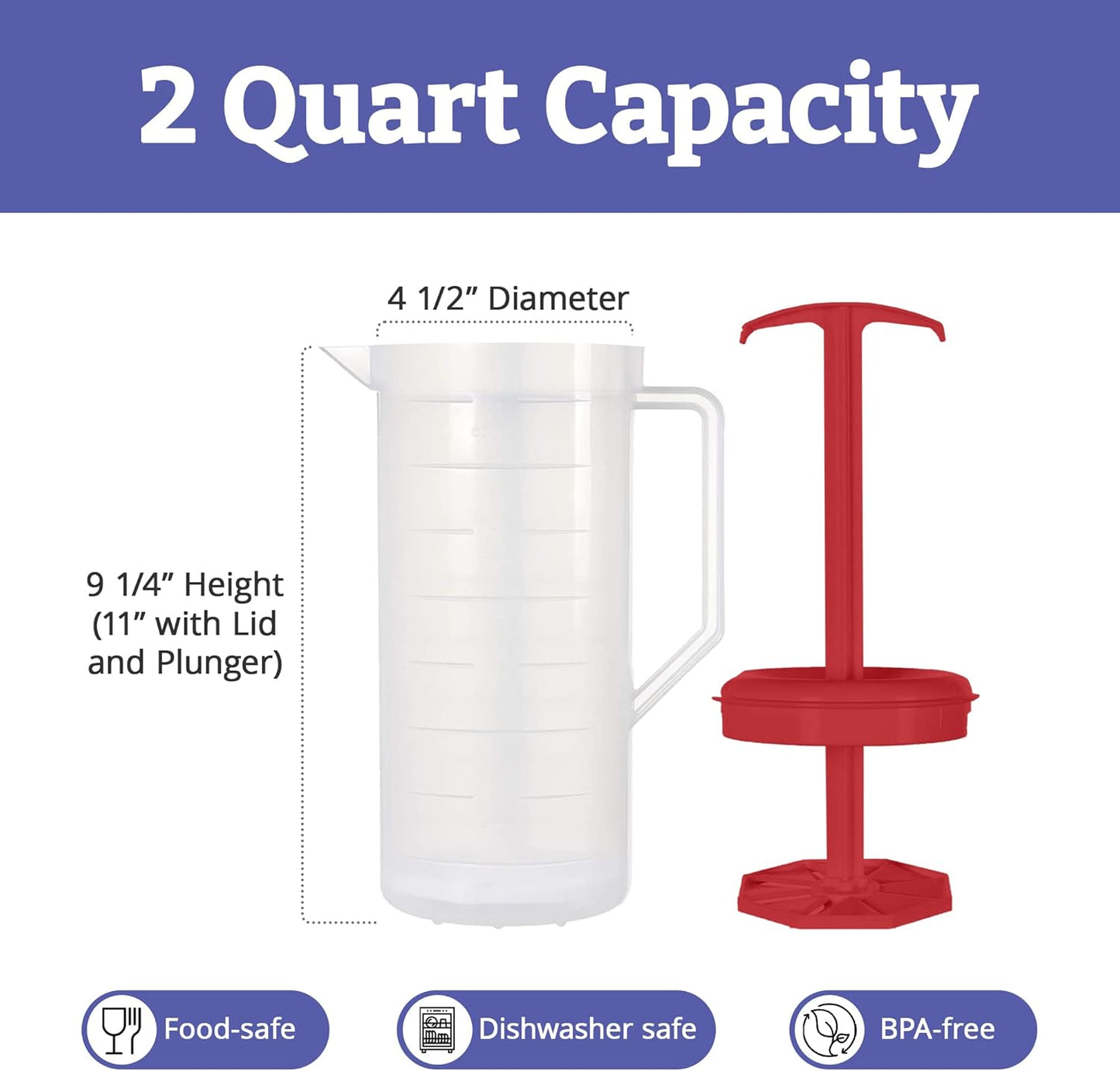 JBK Pottery 2-Quart White Mixing Pitcher with Plunger – BPA-Free Plastic Mixing Jug for Juice, Milk, Tea, Shakes, and More – Dishwasher-Safe, Spill-Proof Lid, Smart Stirring Design