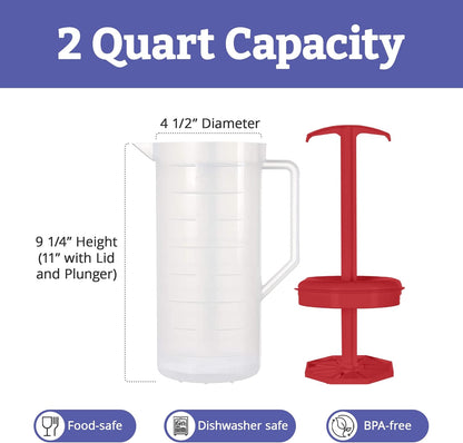 JBK Pottery 2-Quart White Mixing Pitcher with Plunger – BPA-Free Plastic Mixing Jug for Juice, Milk, Tea, Shakes, and More – Dishwasher-Safe, Spill-Proof Lid, Smart Stirring Design