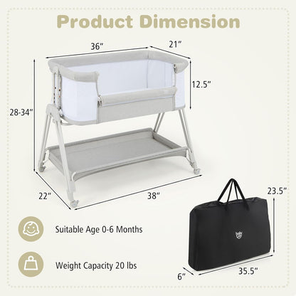 BABY JOY Bassinet Bedside Sleeper, Easy Folding Baby Crib w/All-Side Mesh, Storage Shelf, 7 Adjustable Heights, Mattress & Travel Bag for Safe Co-Sleeping, Portable Baby Bed for Newborn Infant -Gray