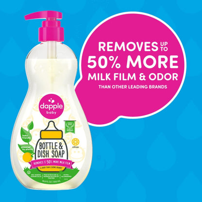 Dapple Baby Fragrance Free Bottle & Dish Soap - (3 Pack) 16.9 fl oz - Cleans Baby Bottles, Sippy Cups, Pacifiers, Breast Pumps, & More - Gently Removes Milk Film & Odors - Includes 1 Pump