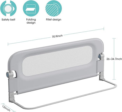 NUTIKAS Baby Bed Rail Guard for Toddlers - 70" Toddler Bed Rails for Twin, Full, Queen, King Bunk Size Bed Swing Down Bedrail Extral Tall Child Safety Side Railing Guards for Kids Gray