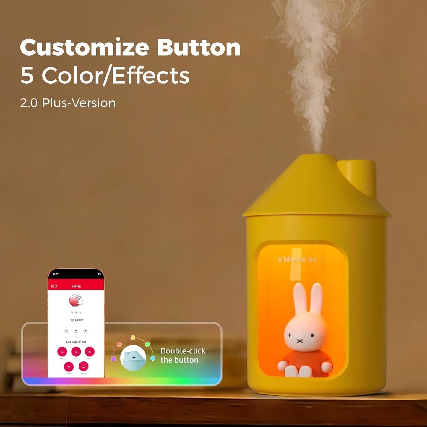 Mipow X Miffy Double Spray Humidifier 2.0 Smart App-Control RGB LED, Mini Cute Humidifier with Night Light, 500ml for Bedroom, Nursery/Office - Blue