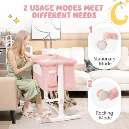 BABY JOY Bassinet Bedside Sleeper, 3 in 1 Folding Crib w/Adjustable Height, Mattress, Lockable Wheels, Storage Pocket & Carry Bag for Infant Newborn, Stationary & Rock, Portable Baby Bassinet (Grey)