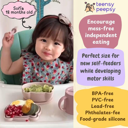 Silicone Bear Shaped Baby Bowl with Suction, Spoon & Fork for Babies 6+ Months, Infant Feeding BLW Baby Essentials Must Haves, BPA Free, Dishwasher Safe (Very Bear)
