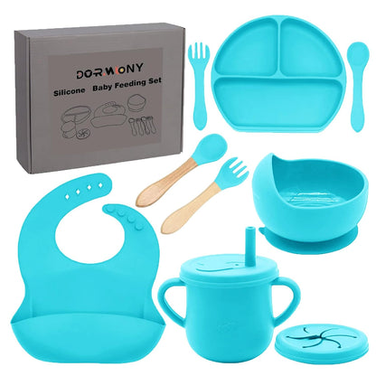 100% Silicone Baby Feeding Set, BPA Free Baby Dishes with Suction Bowl, Divided Plate, Toddler Self Feeding Dish Set with Spoons, Forks, Sippy Cup and Bib, Baby Eating Utensils (Navy Blue)