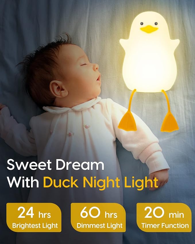 Amaredom Cute Duck Night Light, Squishy Duck Lamp, Silicone Dimmable Nursery Nightlight, Rechargeable LED Bedside Lamp with 20 Minutes Timer & Tap Control for Kids Baby Toddler Decor Bedrooms