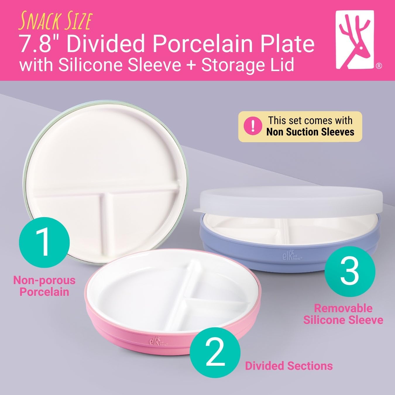 Elk and Friends Kids 7.8” Porcelain Divided Plates with Silicone Sleeves | Suitable for Babies/Kids/Toddlers | Microwave & Dishwasher Safe | Non Slip | Snack Dishes