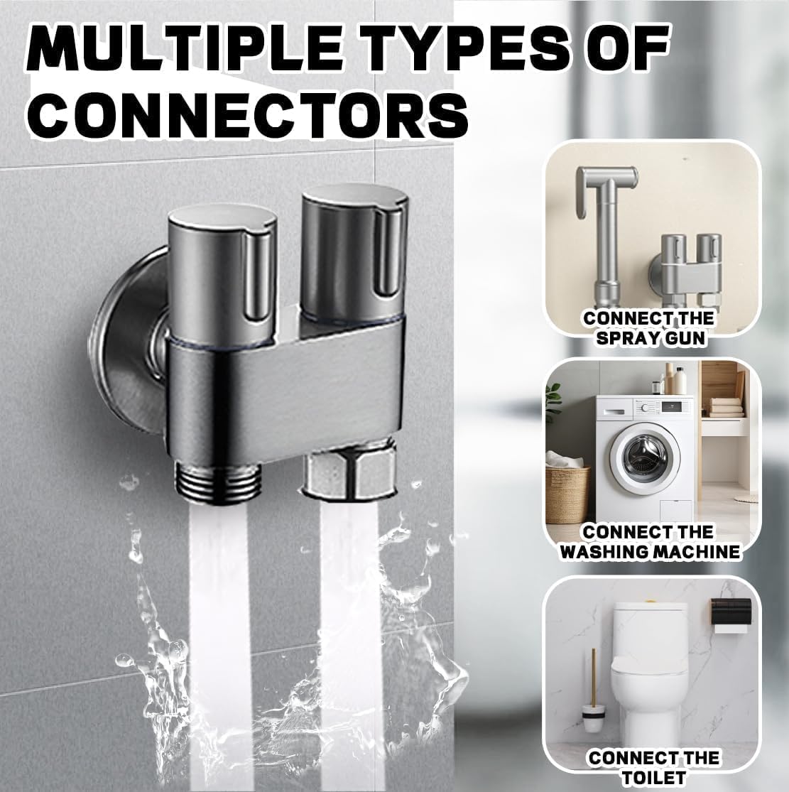 Toilet Faucet Splitter 2 Way Double Faucet Adapter for Toilet, 1-in-2-Out Dual Control Valve Handheld Bidet Toilet Bathroom, Fauce t Bidet for Toile t Sprayer Joint 3/8 inch (Silver-1)