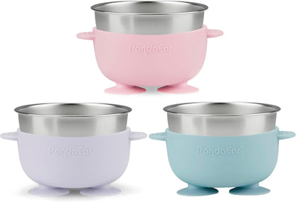 PandaEar 3 Pack Baby Stainless Steel Bowls with Suction, Non-Slip Child Food Bowl with Silicone Sleeve for Kids Toddlers Infants, Extra Strong Base, BPA free