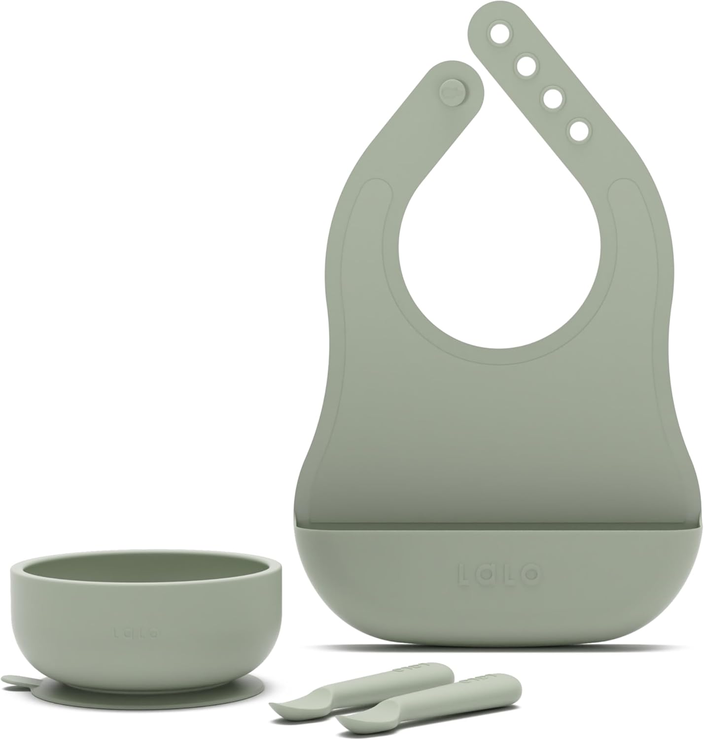 Lalo First Bites Silicone Baby Feeding Set - Baby Led Weaning Supplies - Non-Toxic Silicone - Includes 1 Bib, 2 Spoons, Training Cup, Suction Plate and Bowl - 6 Pieces - Blueberry