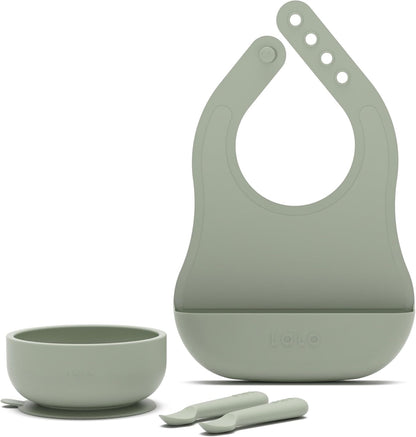 Lalo First Bites Silicone Baby Feeding Set - Baby Led Weaning Supplies - Non-Toxic Silicone - Includes 1 Bib, 2 Spoons, Training Cup, Suction Plate and Bowl - 6 Pieces - Blueberry
