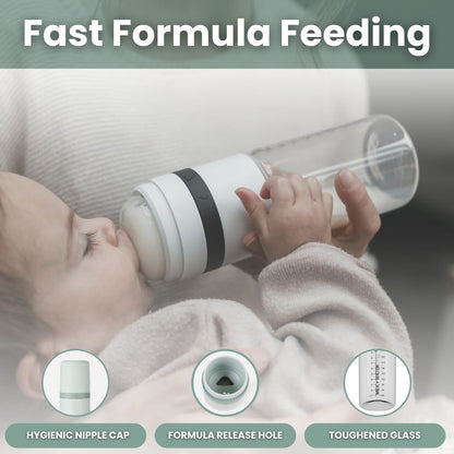 MILK & WATER Glass All in One Baby Bottle & Baby Formula Dispenser On The Go (Olive Green, 9oz Medium Flow 3m+)