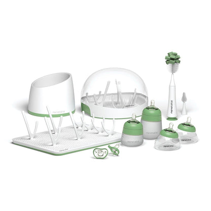 Nanobebe Breastmilk and Silicone Baby Bottle Ultimate Set Gen 2, 5oz and 9oz - with Sterilizer, Drying Rack, Anti-Colic Nipples, Pacifiers, and Warmer - Teal/Grey