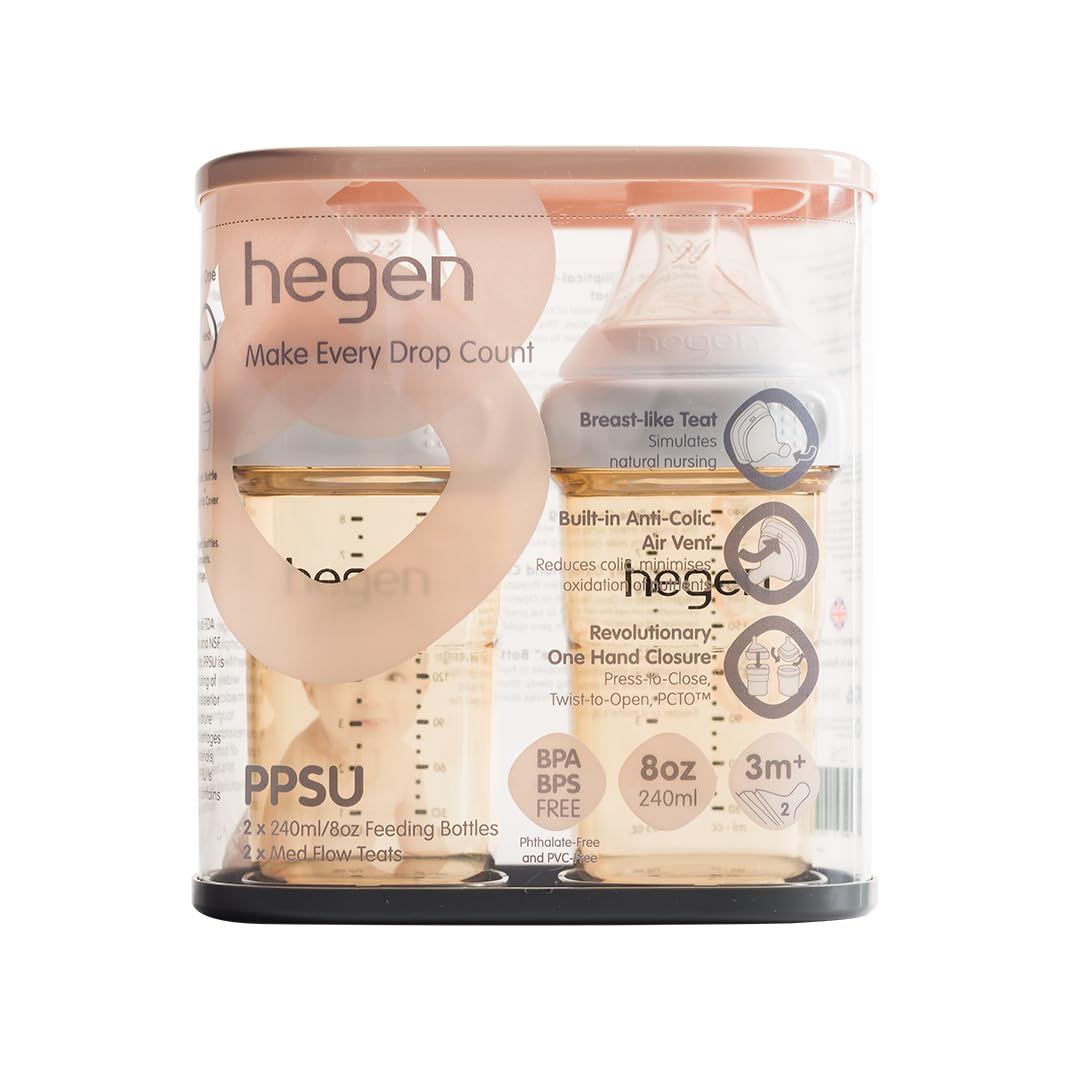 hegen Baby Bottles - Anti Colic Baby Bottles Wide Neck - Breastfeeding System 5 oz with Slow Flow Teats (2 Pack)