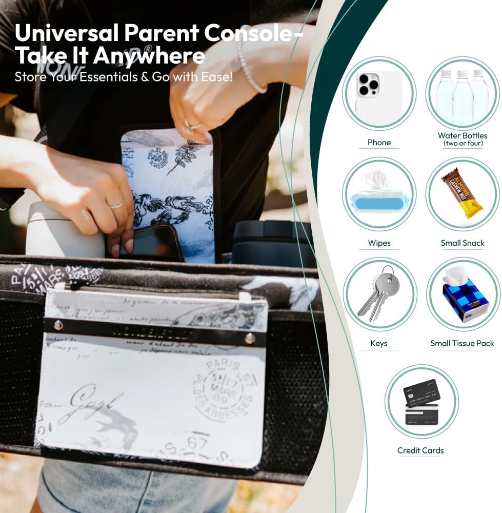 WONDERFOLD Universal Parent Console Stroller Organizer with Insulated Cup Holders, Hook & Loop Closure Handle Attachment, 2 Storage Pockets, Removable Shoulder Strap for Easy Transport
