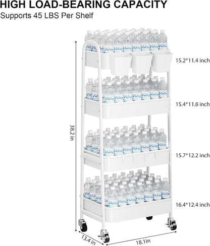 3 Tier Heavy Duty White Metal Rolling Cart with Lockable Wheels, Three Tier Roller Book Snack Cart, Utility Storage Organizer Carts for Kitchen, Bathroom, Garage, Baby Diaper, Craft, Art, Teacher