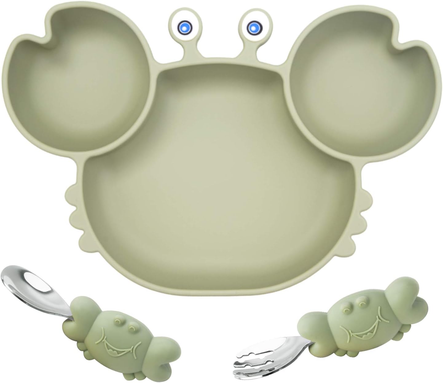 Silicone Suction Plate for Toddlers with Fork Spoon Set - Self Feeding Training Divided Plate Dish and Bowl for Baby and Toddler, Fits for Most Highchairs Trays (Green)