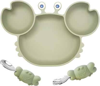 Silicone Suction Plate for Toddlers with Fork Spoon Set - Self Feeding Training Divided Plate Dish and Bowl for Baby and Toddler, Fits for Most Highchairs Trays (Green)