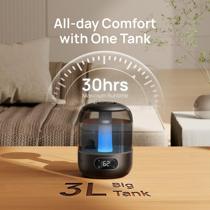DREO Humidifiers for Bedroom, 3L Top Fill 30H & 26dB Quiet Runtime for Large Room, Cool Mist Ultrasonic Humidifier with Humidity Sensor, Night Light for Home, Baby, Nursery, Plants, New Edition