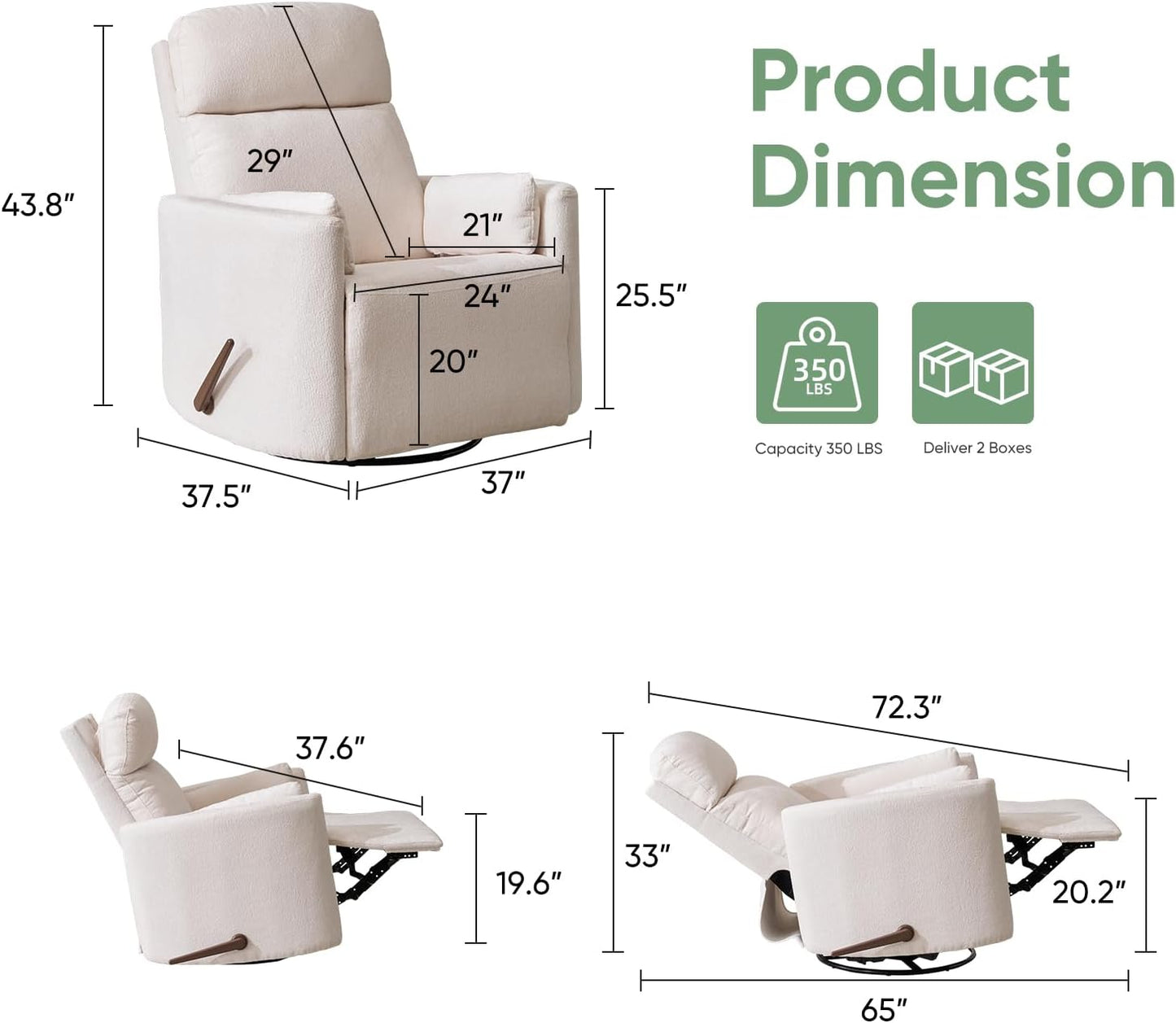 Oversized Swivel Rocker Recliner Chair with Heat and Massage, Rocking Chair with Adjustable Headrest, Manual Recliner, Glider Recliner with 2 Pillows, Chenille White