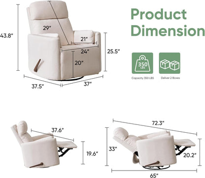 Oversized Swivel Rocker Recliner Chair with Heat and Massage, Rocking Chair with Adjustable Headrest, Manual Recliner, Glider Recliner with 2 Pillows, Chenille White