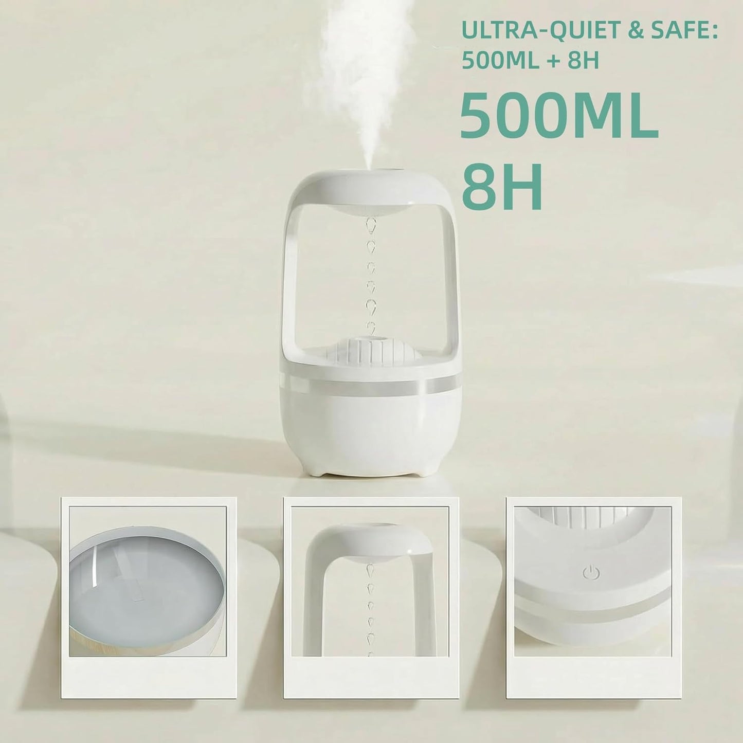 500ml Small Humidifier, USB Cool Mist Humidifier with Anti Gravity Water Flow Visual Effect, Auto Shut Off Quiet Ultrasonic Portable Mini Humidifier for Bedroom Baby Nursery Office Desk Travel Home