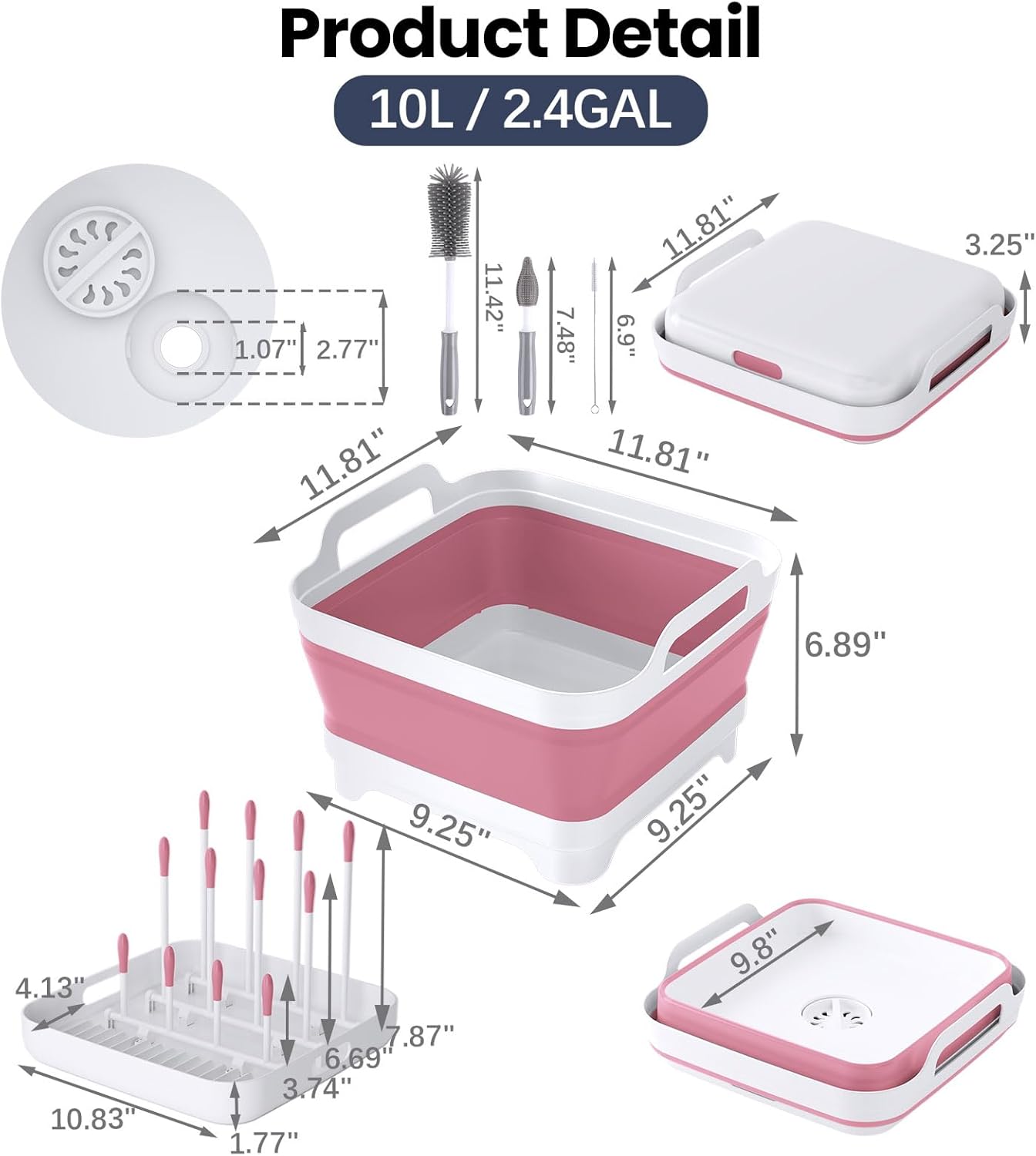 Volnamal Collapsible Wash Basin for Baby Bottles - Portable 2.4 Gallon Dish Tub with Drying Rack & Lid, Foldable Sink for Camping, Outdoor Space-Saving Tub for Kitchen, RV, Camping, Outdoor Use