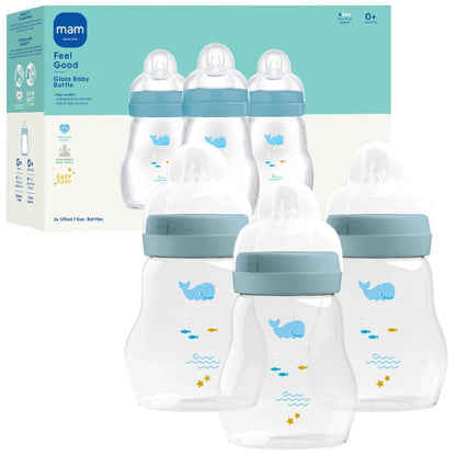 MAM 9oz Feel Good Pure Glass Anti-Colic Wide Neck Baby Bottle, Medium Flow Skin Soft Silicone Nipple, Easy to Clean, BPA Free, 2+ Months, Easy Switch Between Breast & Bottle, Made in Europe, 3 Pack