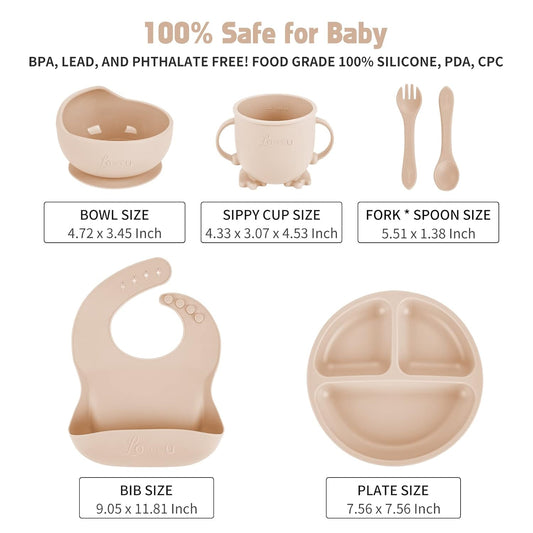 Silicone Feeding Set|Baby Led Weaning Supplies|Suction Plate Bowl Set with Bib, Spoon, Fork, Sippy Cup|Feeding Eating Supplies BPA Free