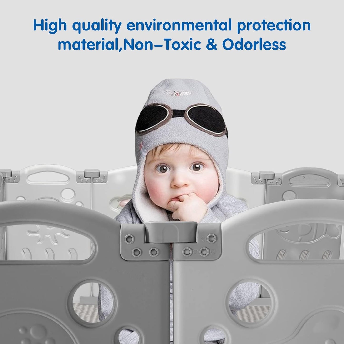 Albott Baby Fence Kid Playpen 18 Panel Albott Play Yard - Foldable Kids Safety Activity Center Playard Safety Lock Gate,Adjustable Shape, Portable Design for Indoor and Outdoor (18 Panel, Grey+White)