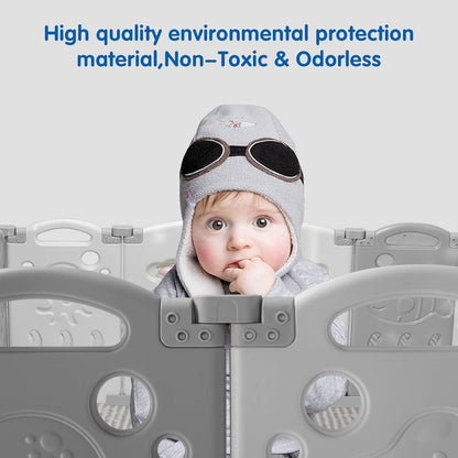 Albott Baby Fence Kid Playpen 18 Panel Albott Play Yard - Foldable Kids Safety Activity Center Playard Safety Lock Gate,Adjustable Shape, Portable Design for Indoor and Outdoor (18 Panel, Grey+White)