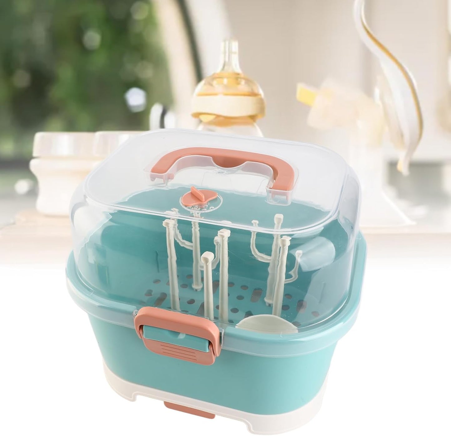 Baby Bottle Drain Rack, Feeding Cup Holder, Portable Large Capacity Toddler Bottles Storage Box with Lid Cover, Multifunctional Anti Dust Cutlery Storage Drying Rack for Teats, (Purple)